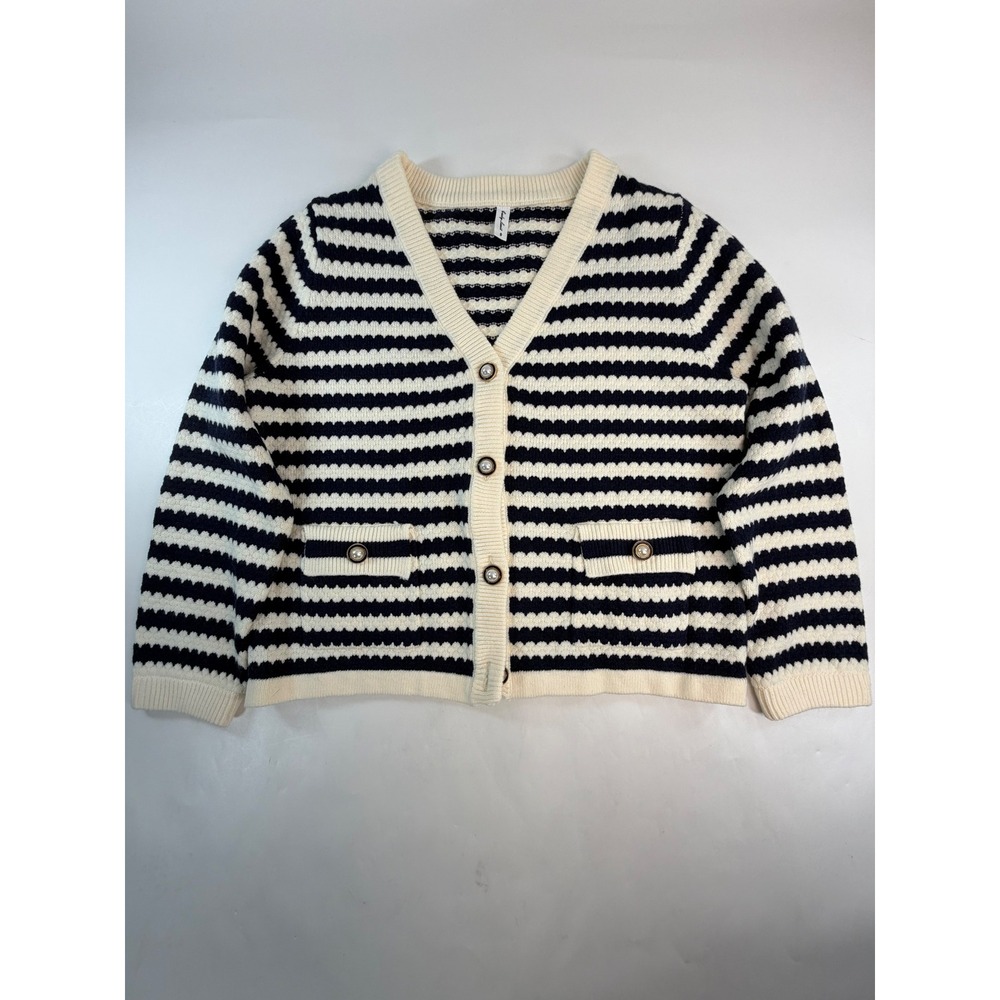 Early Limit Navy Cream Striped Pearl Button V-Neck Cardigan Sweater Small